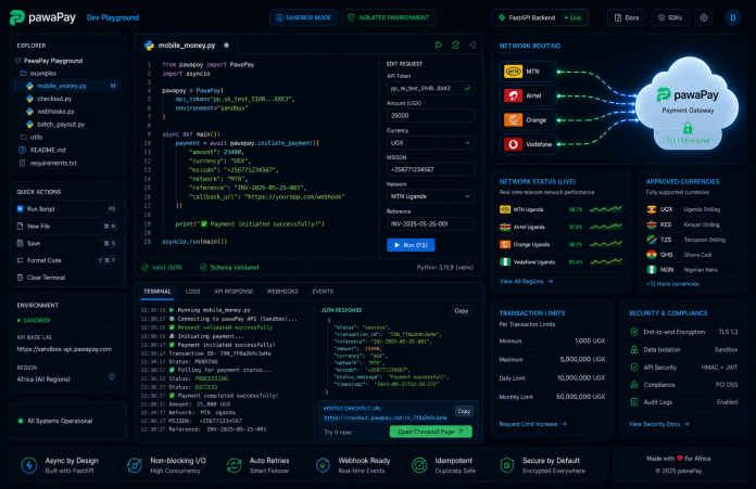 Browser-based PawaPay Python SDK playground with code editor, interactive input fields, and live terminal showing API payout responses.