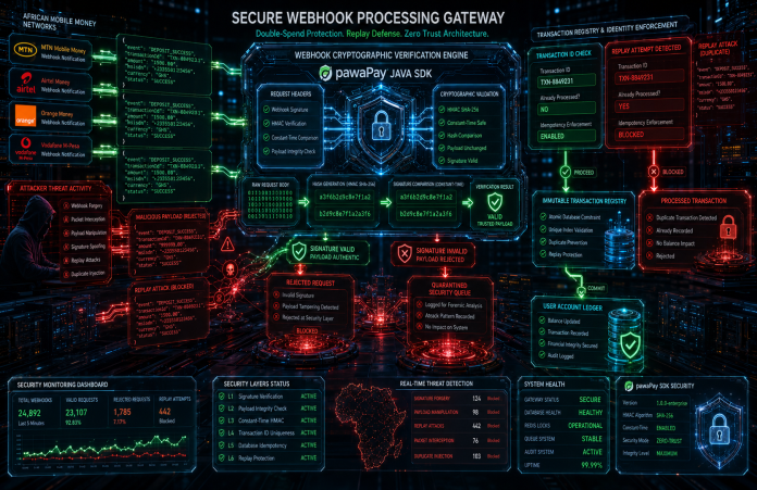 pawaPay webhook cryptographic HMAC verification idempotent database lock double-spend prevention diagram